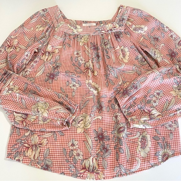 Lauren Conrad Gingham Floral Square Neck Peasant Top Long Sleeve Boho Blouse XS - Picture 6 of 11